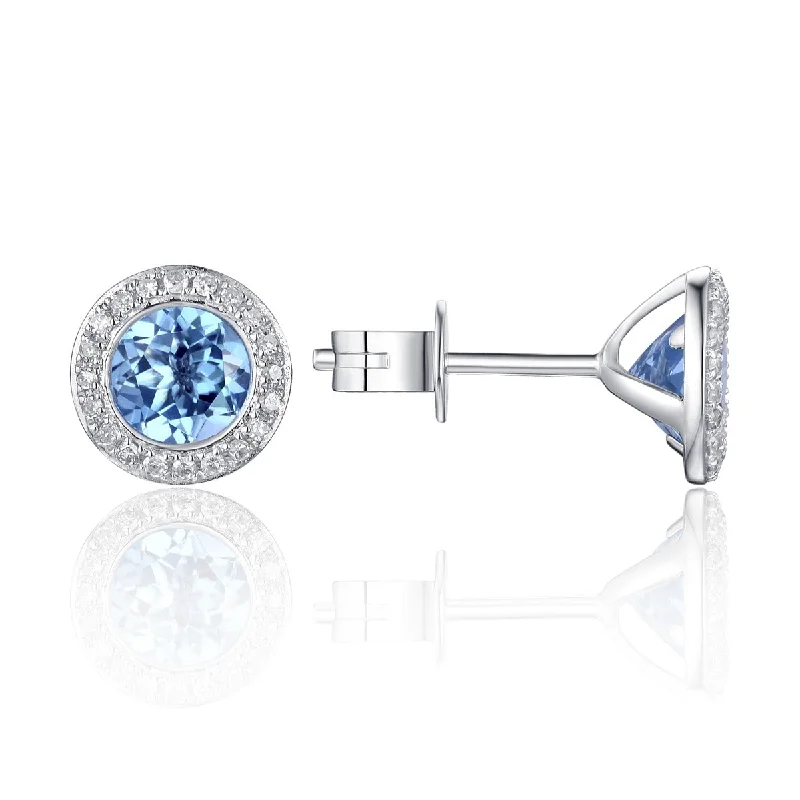 Floral engraved earrings-Blue Topaz & Diamond Halo 14K White Gold Martini Stud Earrings