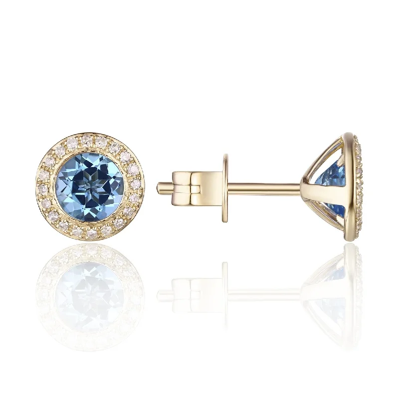 Claw-set earrings-Blue Topaz & Diamond Halo 14K Yellow Gold Martini Stud Earrings