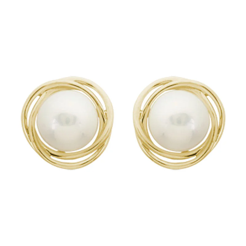 Hexagonal stud earrings-Button Pearl 14K Yellow Gold Knot Stud Earrings