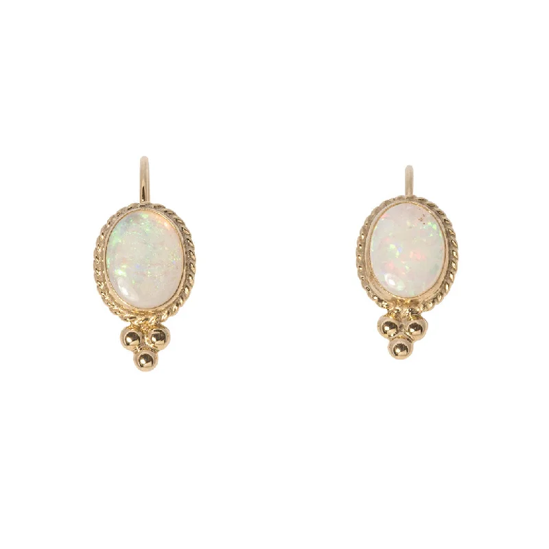 Subtle silver earrings-Cabochon Opal 14K Yellow Gold Leverback Earrings