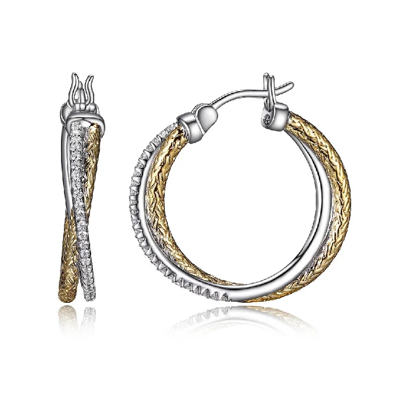 Flat-top earrings-CZ Gold Plated Silver Crossed Mesh 25mm Hoop Earrings