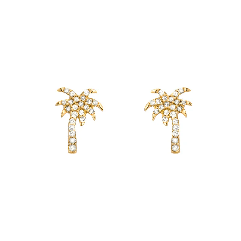 Vintage garnet earrings-Diamond Pavé Palm Tree 14K Yellow Gold Stud Earrings