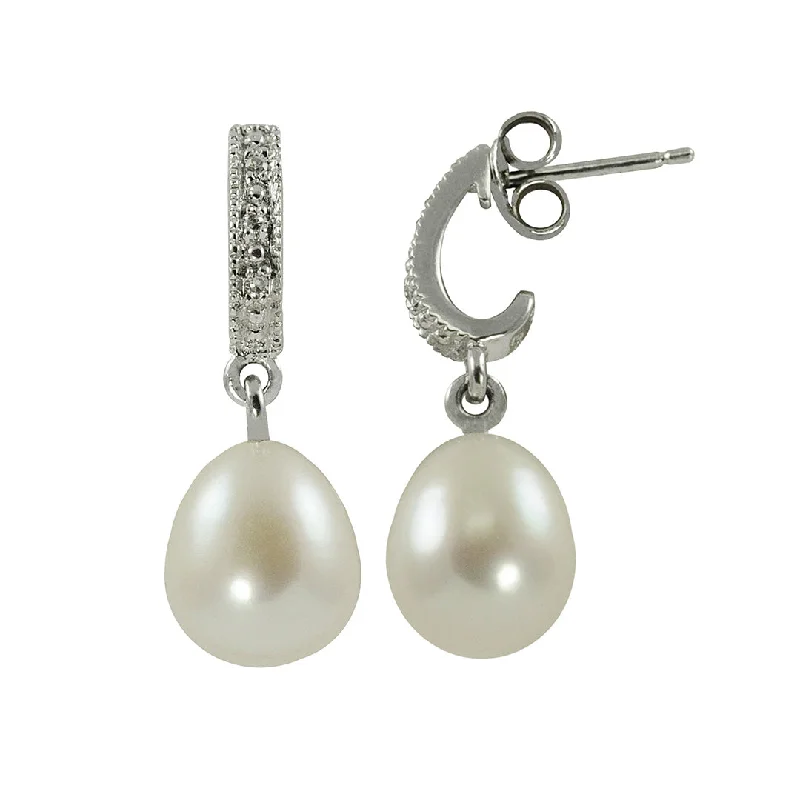 Textured edge earrings-Freshwater Pearl & Diamond Sterling Silver Drop Earrings