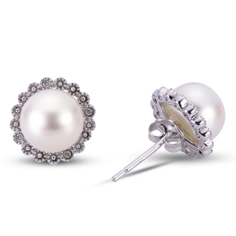 Delicate filigree earrings-Freshwater Pearl & Diamond Sterling Silver Stud Earrings