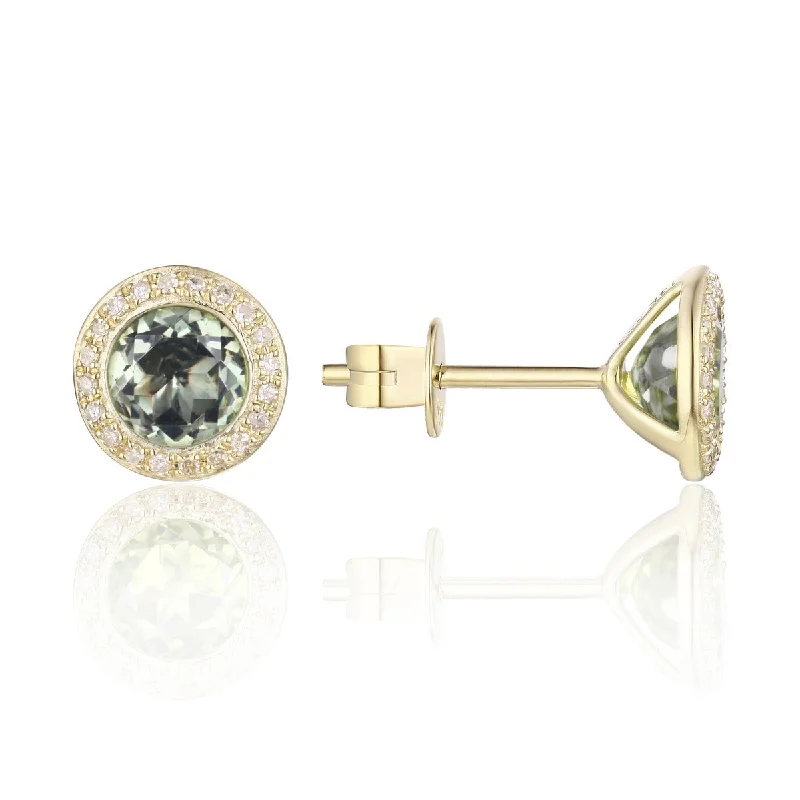 Sculptural gold earrings-Green Amethyst & Diamond Halo 14K Yellow Gold Martini Stud Earrings