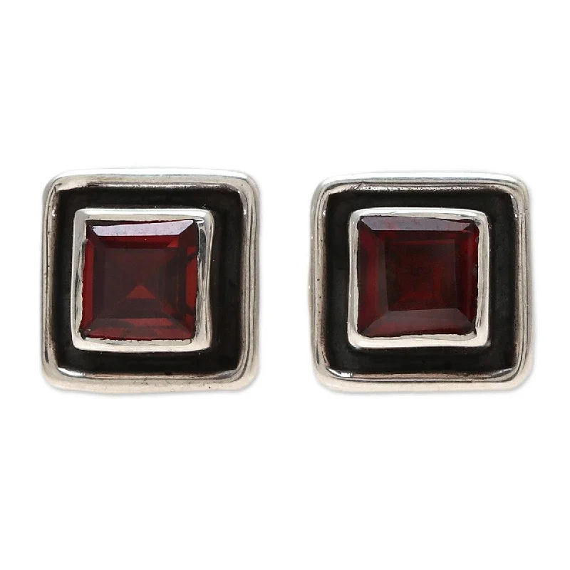 Cluster sapphire earrings-NOVICA Fire Frame, Garnet stud earrings - 0.4*0.4