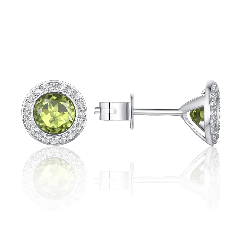 Chevron gem earrings-Peridot & Diamond Halo 14K White Gold Martini Stud Earrings