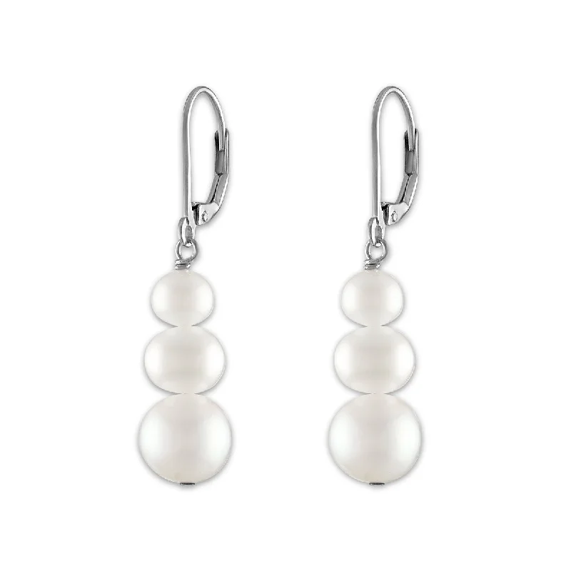 Wing-shaped earrings-Round Pearl Drop & Dangle Three Stone 6-8MM Fresh Water Earrings in Rhodium Plated Sterling Silver