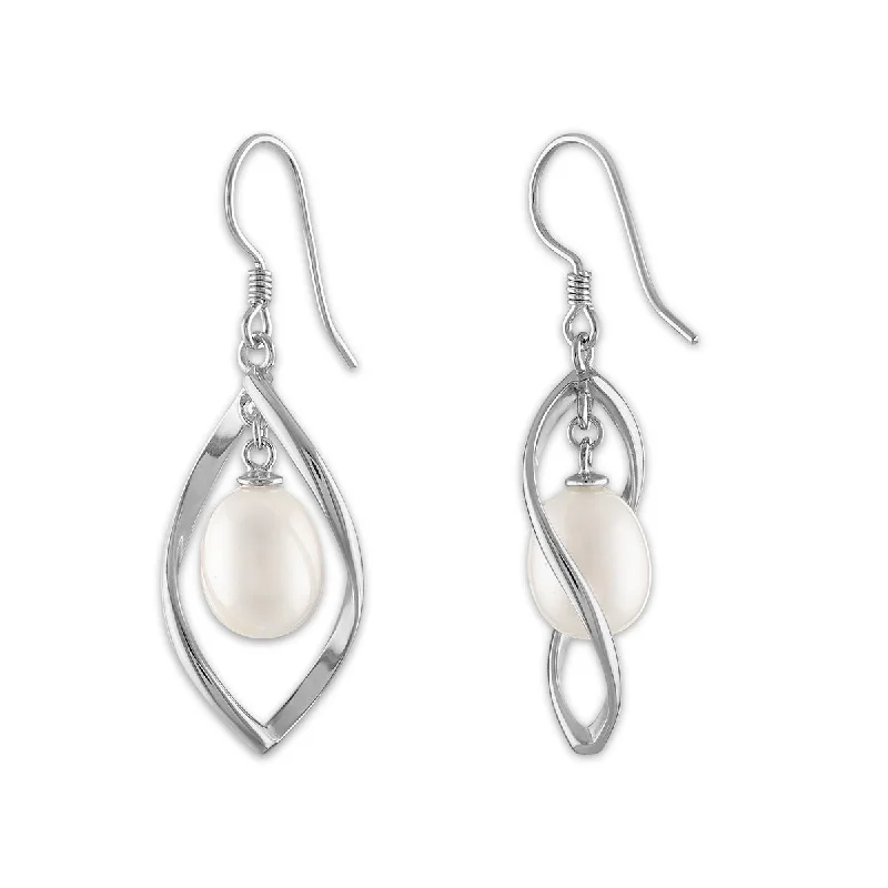 Spiral shape earrings-Round Pearl Fashion Drop & Dangle 7.5-8MM Fresh Water Earrings in Rhodium Plated Sterling Silver