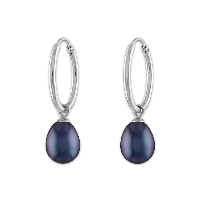 Platinum stud earrings-Round Pearl Hoop Drop & Dangle 6-7.5MM Black Earrings in Rhodium Plated Sterling Silver