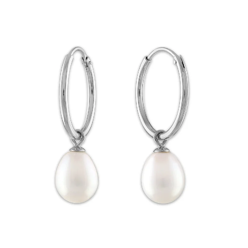 Spiked design earrings-Round Pearl Hoop Drop & Dangle 6-7.5MM Earrings in Rhodium Plated Sterling Silver