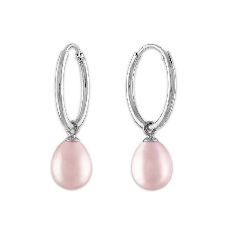 Modern amethyst earrings-Round Pearl Hoop Drop & Dangle 6-7.5MM Pink Earrings in Rhodium Plated Sterling Silver