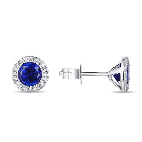 Polished rose earrings-Blue Sapphire & Diamond Halo 14K White Gold Martini Stud Earrings