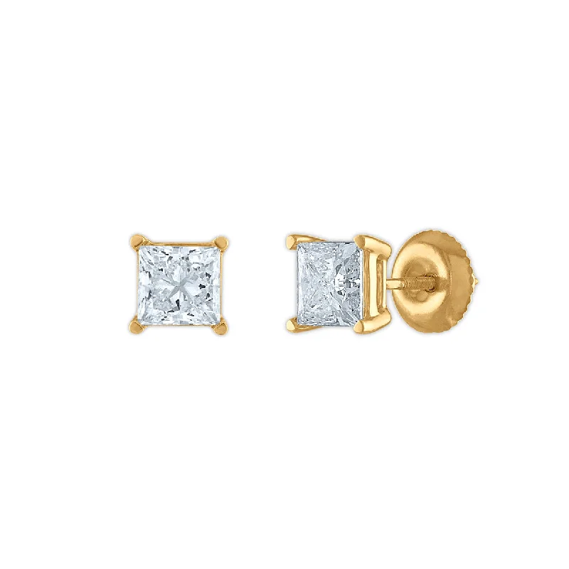 Glittering diamond earrings-Signature Certificate EcoLove 1 1/2 CTW Princess Cut Lab Grown Diamond Solitaire Stud Earrings in 14KT Yellow Gold