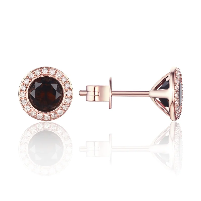 Heart-cut earrings-Smoky Topaz & Diamond Halo 14K Rose Gold Martini Stud Earrings