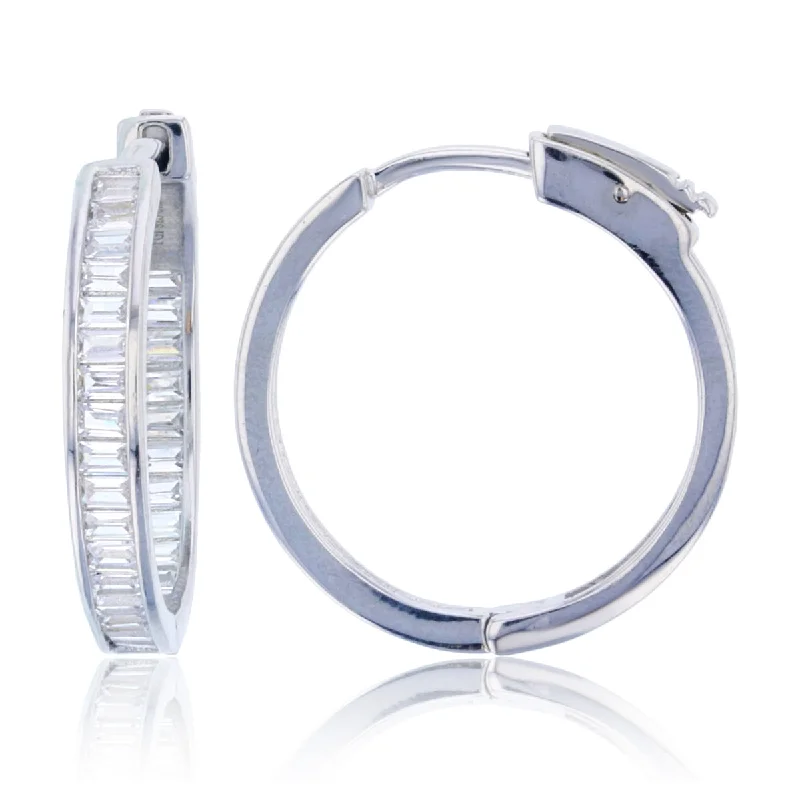 Minimalist knot earrings-Sterling Silver Baguette Cubic Zirconia 3X25MM Safety Clasp In & Out Hoop Earrings