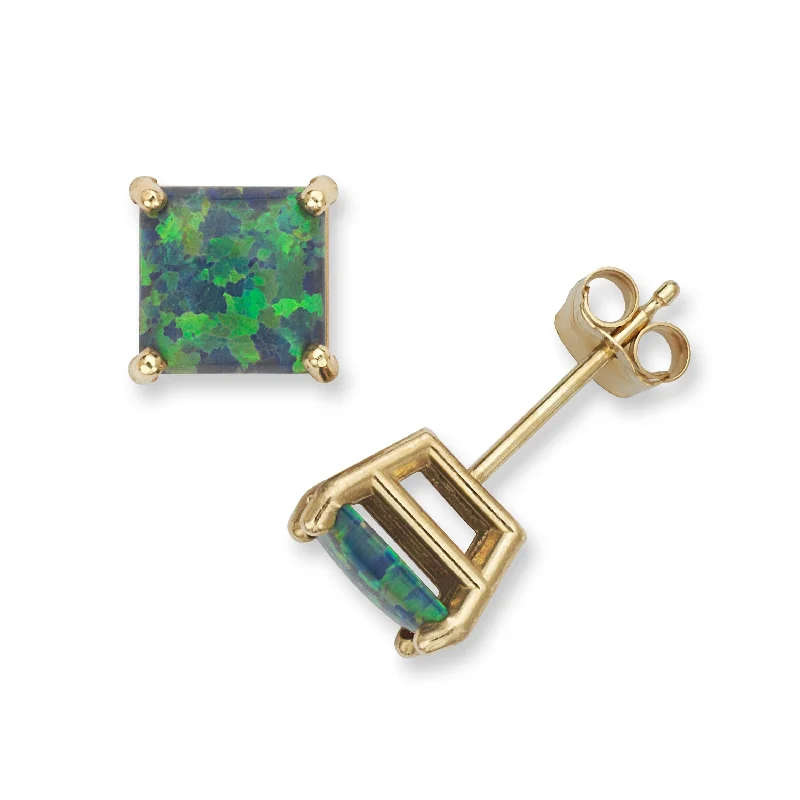 Iridescent stone earrings-14k Yellow Gold 6mm Reconstructed Opal Square Princess Earrings