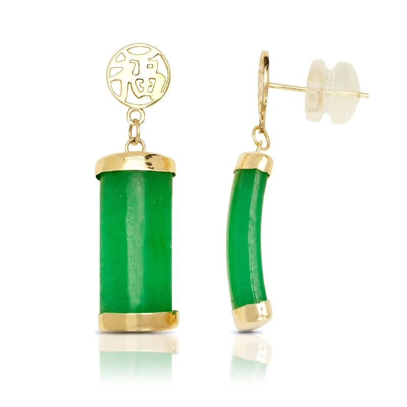 Sapphire drop earrings-14k Yellow Gold Green Jade Segment Drop Earrings (7mm x 28mm)