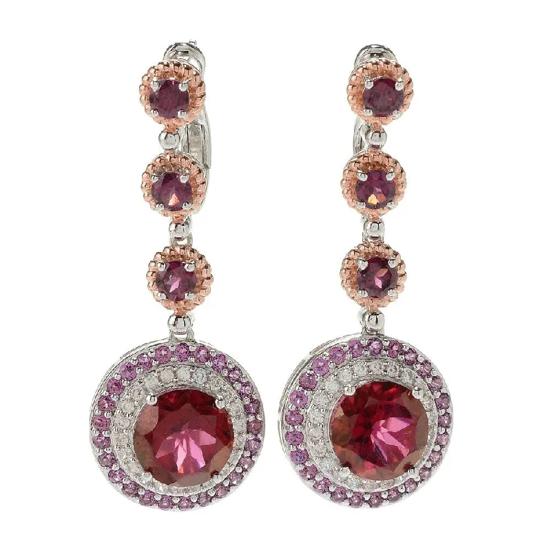 Floral engraved earrings-925 Sterling Silver Red Quartz,Rhodolite Garnet,White Natural Zircon Earrings