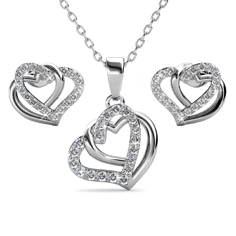 Baguette diamond earrings-Angela 18k White Gold Plated Silver Necklace and Earring Set, Double Heart Jewelry Set with Swarovski Crystals