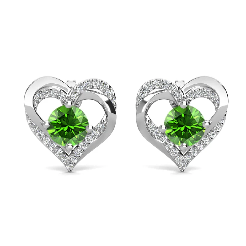 Sun motif earrings-Forever August Birthstone Peridot Earrings 18k White Gold Plated Silver Double Heart Earrings with Swarovski Crystals