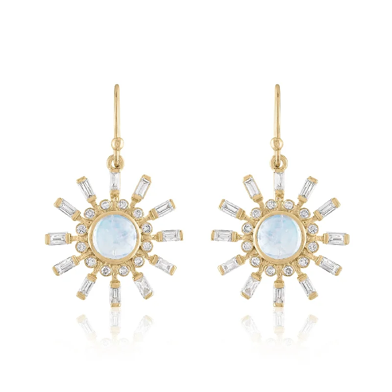 Sculptural gold earrings-AURA MOONSTONE AND DIAMOND EARRINGS