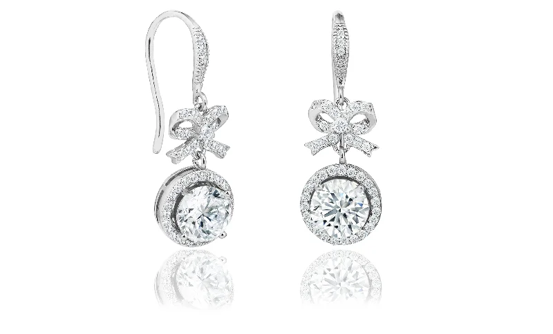 Five-stone earrings-Seraphina 18k White Gold Plated Silver Bow Halo Drop Earrings with Simulated Diamond Crystals