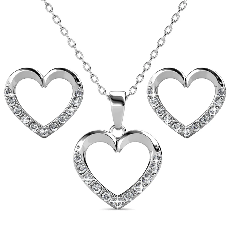 Satin gold earrings-Chelsea 18k White Gold Plated Silver Heart Necklace and Earring Set with Swarovski Crystals