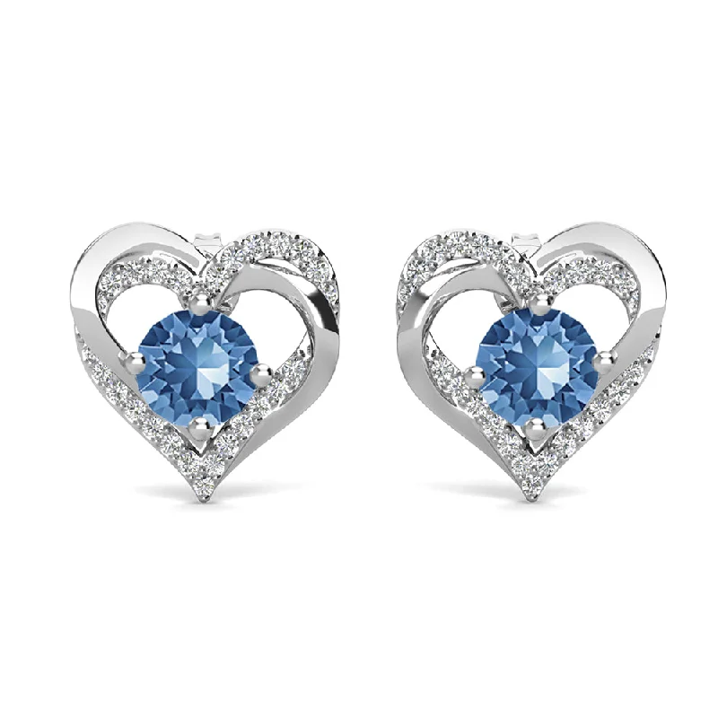 Minimalist pearl earrings-Forever December Birthstone 18k White Gold Plated Silver Double Heart Blue Topaz Earrings with Swarovski Crystals