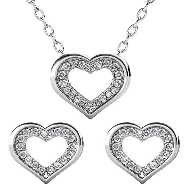 Retro emerald earrings-Dominique 18k White Gold Plated Silver Heart Necklace and Earring Set with Swarovski Crystals