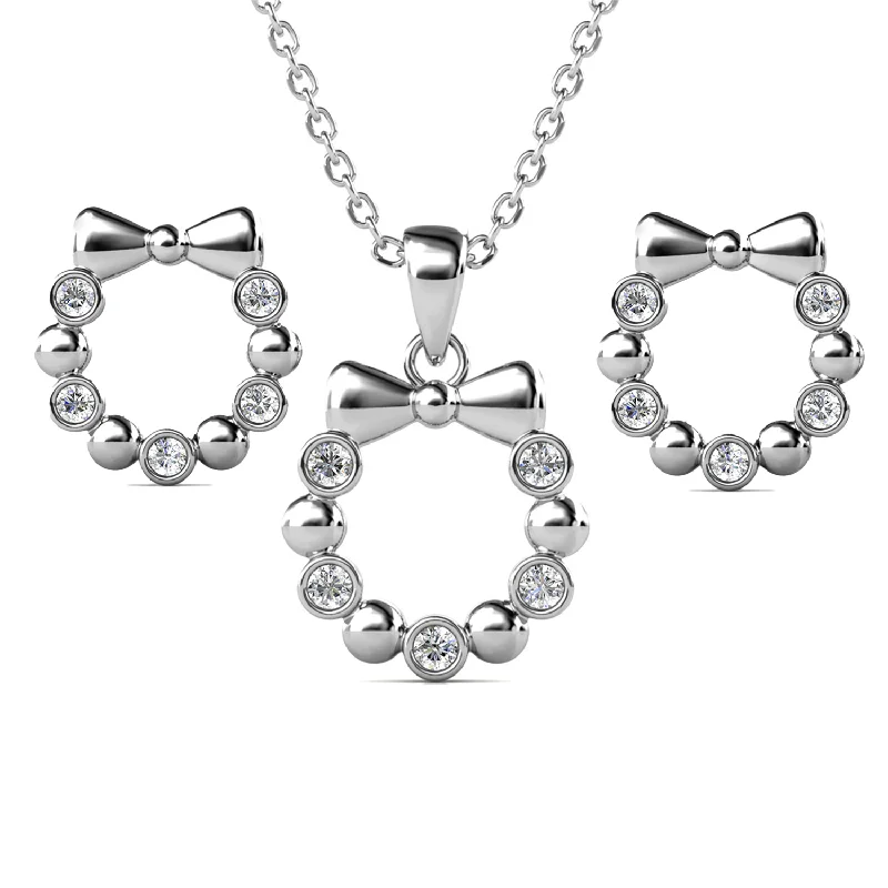 Adjustable gem earrings-Edith 18k White Gold Plated Silver Ribbon Necklace and Earring Set with Swarovski Crystals