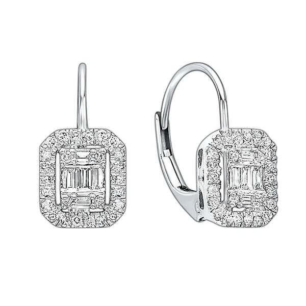 Curved gem earrings-Diamond Rectangular Halo Earrings in 14k White Gold (1/3ctw)