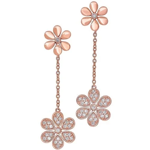 Minimalist pearl earrings-Diamond Double Daisy Flower Dangle Earrings in Gold (¼ ctw)