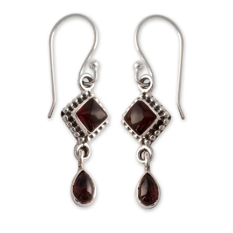 Sparkling crystal earrings-Handmade Sterling Silver Fire of Love Red Garnet Dangling Earrings (India)