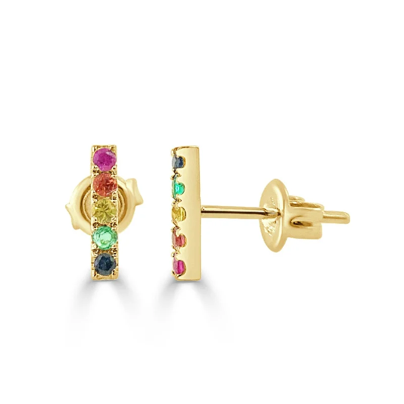 Tiny crystal earrings-Joelle Multi Sapphire Bar Earrings 14K Yellow Gold