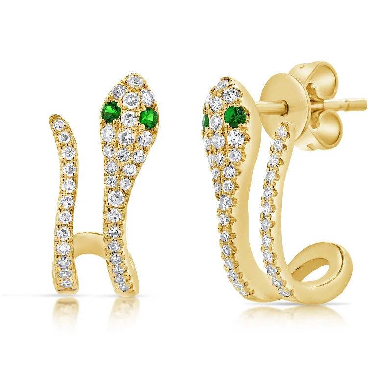 Two-stone earrings-Joelle Snake Diamond & Tsavorite Earrings 14K Yellow Gold