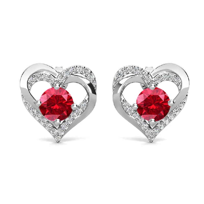 Spiked design earrings-Forever July Birthstone 18k White Gold Plated Silver Double Heart Ruby Earrings with Swarovski Crystals