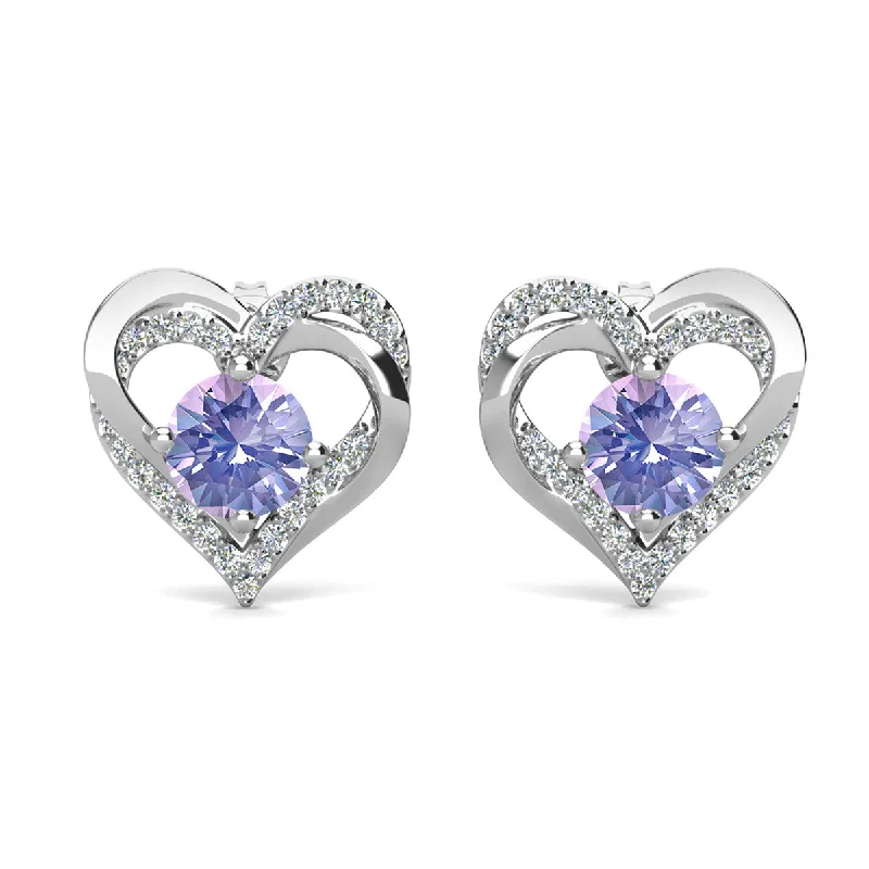 Wide-set earrings-Forever June Birthstone 18k White Gold Plated Silver Double Heart Design Alexandrite Earrings with Swarovski Crystals.