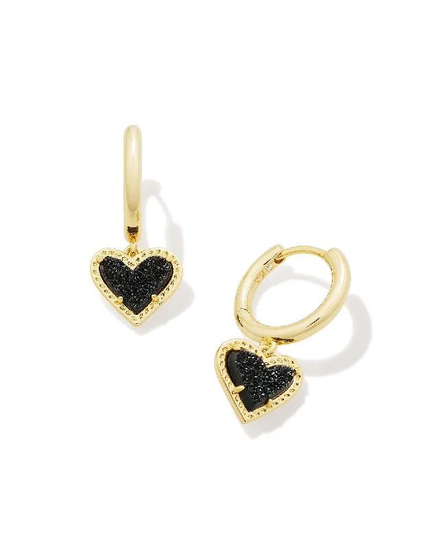 Delicate topaz earrings-Kendra Scott Gold Black Drusy Ari Heart Huggies