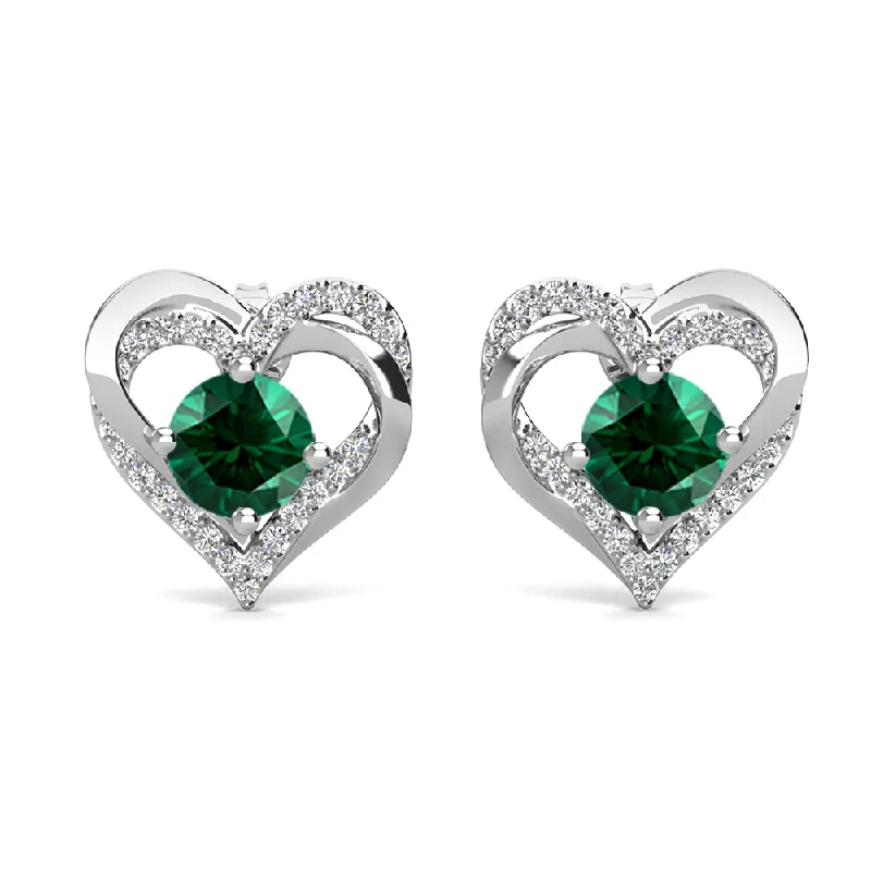 Radiant gem earrings-Forever May Birthstone 18k White Gold Plated Silver Double Heart Emerald Earrings with Swarovski Crystals