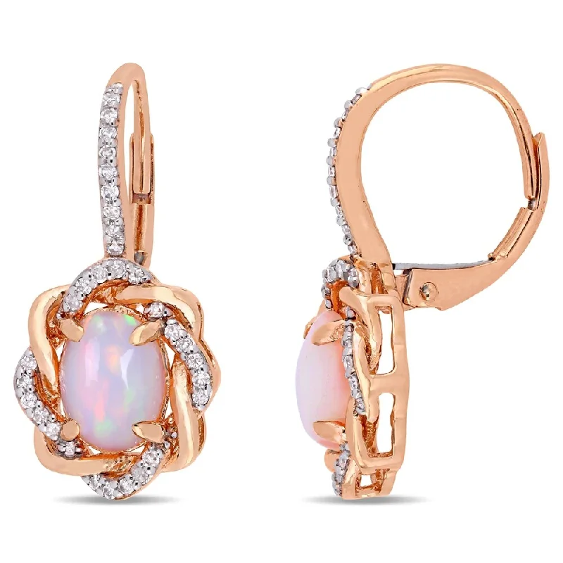 Curved bar earrings-Miadora 10k Rose Gold Blue Ethiopian Opal 1/4ct TDW Diamond Halo Earrings