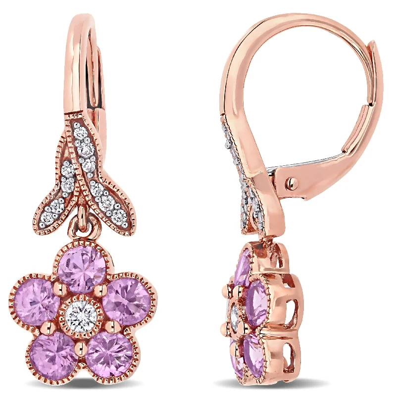 Heart-cut earrings-Miadora 14k Rose Gold Pink Sapphire and 1/7ct TDW Diamond Flower Drop Earrings