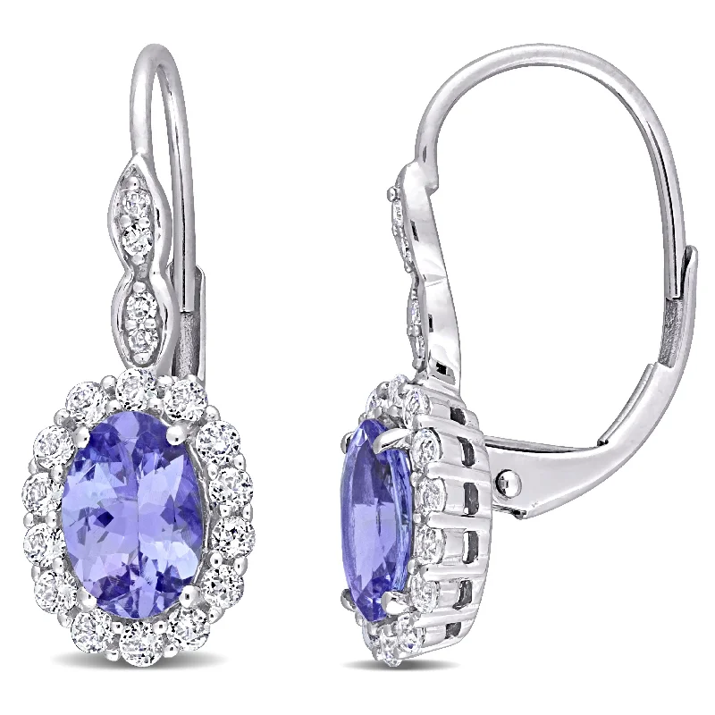 Leafy vine earrings-Miadora 14k White Gold Oval-cut Tanzanite White Topaz & Diamond Accent Halo Leverback Drop Earrings