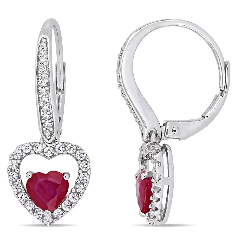 Etched design earrings-Miadora 14k White Gold Ruby White Sapphire 1/10ct TDW Diamond Heart Drop Earrings