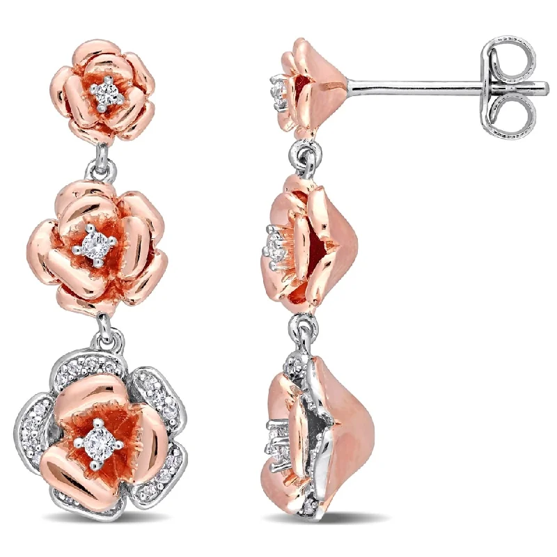 Iridescent stone earrings-Miadora 2-tone Sterling Silver 1/10ct Diamond & Created White Sapphire Floral Drop Earrings