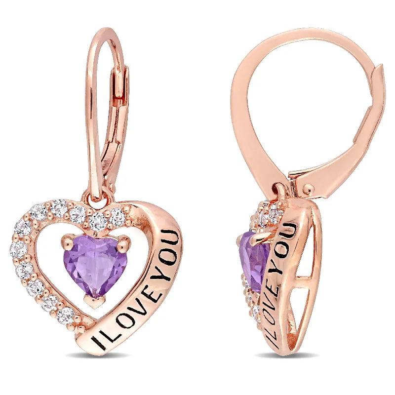 Retro emerald earrings-Miadora Amethyst & White Topaz "I Love You" Heart Halo Drop earrings in Rose Plated Sterling Silver