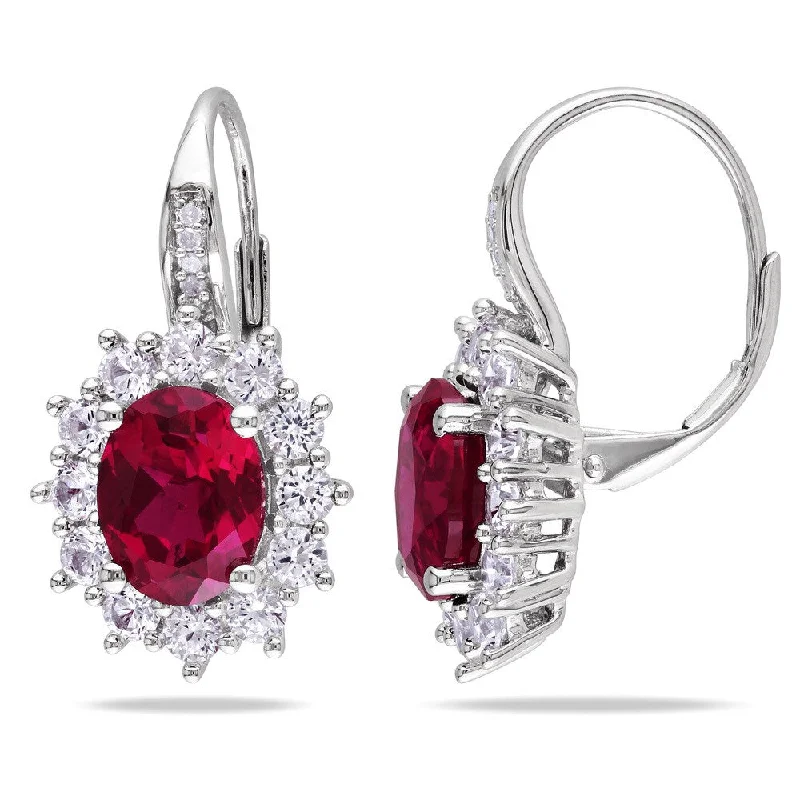 Five-stone earrings-Miadora Silver Created Ruby and Created White Sapphire with Diamond Earrings