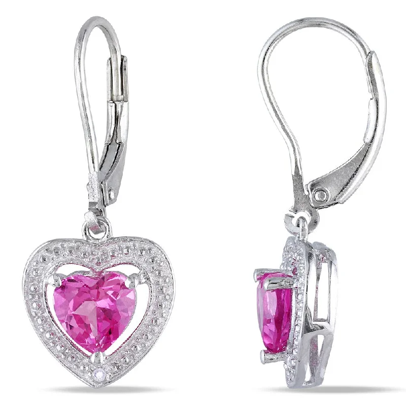 Wide-set earrings-Miadora Sterling Silver Created Pink Sapphire and Diamond Heart Earrings