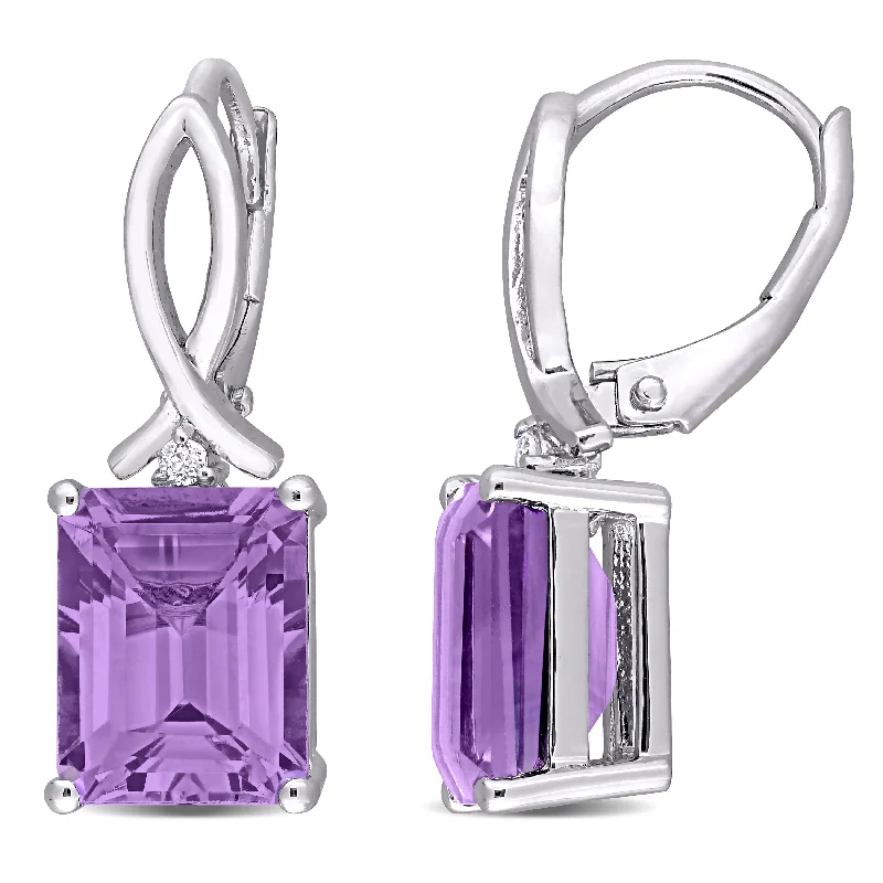 Single pearl earrings-Miadora Sterling Silver Octagon-cut Amethyst and White Topaz Drop Leverback Earrings - 24.7 mm x 8 mm x 10 mm