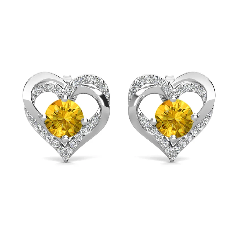 Vintage moonstone earrings-Forever November Birthstone 18k White Gold Plated Silver Double Heart Citrine Earrings  with Swarovski Crystals.